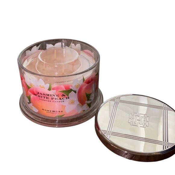 HomeWorx by Slatkin + Co 4 Wick 18 oz Glass Jar Candle Jasmine White Peach NWOT - Picture 2 of 3
